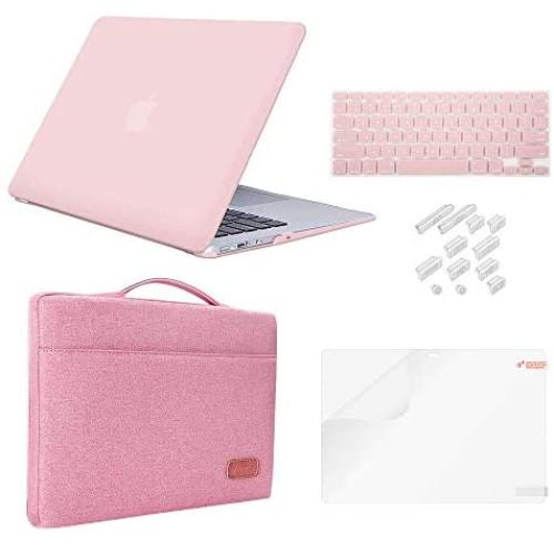 MacBook Air 11 Inch Case Bundle 5 in 1,iCasso Ultra Slim Plastic Hard Cover with Canvas Sleeve,Screen Protector,Keyboard Cover & Dust Plug for MacBook Air 11 Inch Model A1370/A1465 - Rose Quartz