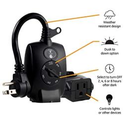 GE Sensing Timer, Plug-in, Outdoor, Weather Resistant, Dusk to Dawn, Daily Cycle, 2-4-6-8 Hours After Dark, 1 Grounded Outlet, for Landscape, Security, Seasonal Lighting, LED, 10241, Black