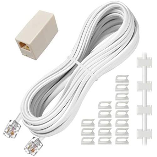Phone Extension Cord 25 Ft, Telephone Cable with Standard RJ11 Plug and 1 in-Line Couplers and 20 Cable Clip Holders, White