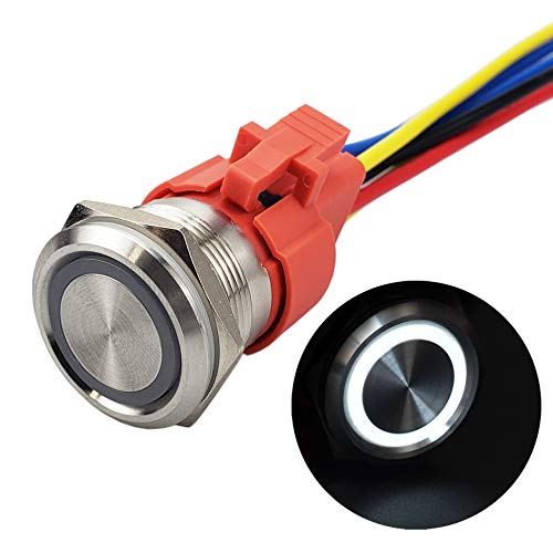 APIELE 10 Amp 22mm Momentary Push Button Switch 12V Angel Eye LED Waterproof Stainless Steel Round Self Reset 7/8 1NO 1NC (10 Amp/White Led)