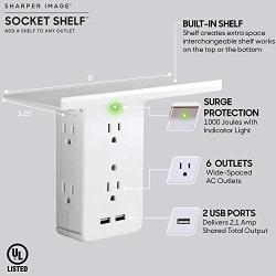 Socket Shelf- 8 Port Surge Protector Wall Outlet, 6 Electrical Outlet Extenders, 2 USB Charging Ports & Removable Built-In Shelf UL Listed