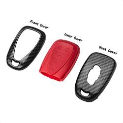 TANGSEN Key Fob Case for CHEVROLET Chevy BLAZER CAMARO CRUZE EQUINOX MALIBU SONIC TRAVERSE TRAX 5 Button Keyless Entry Remote Black Carbon Fiber Pattern ABS Red Silicone Cover