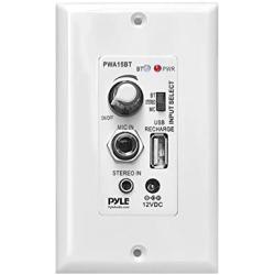 Wireless BT Receiver Wall Mount - 100W In-Wall Audio Control Receiver w/ Built-in Amplifier, USB/Microphone/Aux (3.5mm) Inputs, Speaker Terminal Block, Connect 2 Speakers, White - Pyle PWA15BT