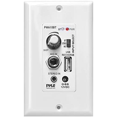 Wireless BT Receiver Wall Mount - 100W In-Wall Audio Control Receiver w/ Built-in Amplifier, USB/Microphone/Aux (3.5mm) Inputs, Speaker Terminal Block, Connect 2 Speakers, White - Pyle PWA15BT