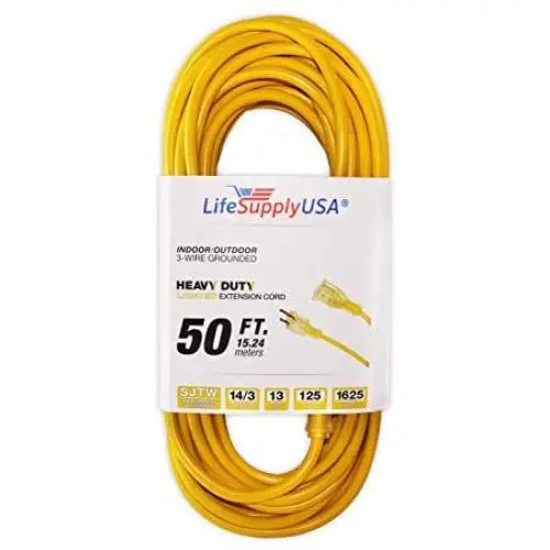 50 ft Extension Cord 14/3 SJTW with Lighted end - Yellow - Indoor / Outdoor Heavy Duty Extra Durability 13 AMP 125 Volts 1875 Watts by LifeSupplyUSA
