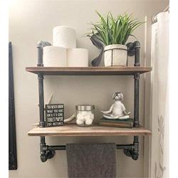 Industrial Pipe Shelf,24'' Metal Towel Racks for Bathroom,2 Tiered Industrial Pipe Floating Shelves Shelving,Rustic Wood Wall Mount Shelf with Towel Bar,Iron Towel Holder