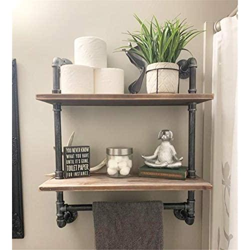Industrial Pipe Shelf,24'' Metal Towel Racks for Bathroom,2 Tiered Industrial Pipe Floating Shelves Shelving,Rustic Wood Wall Mount Shelf with Towel Bar,Iron Towel Holder