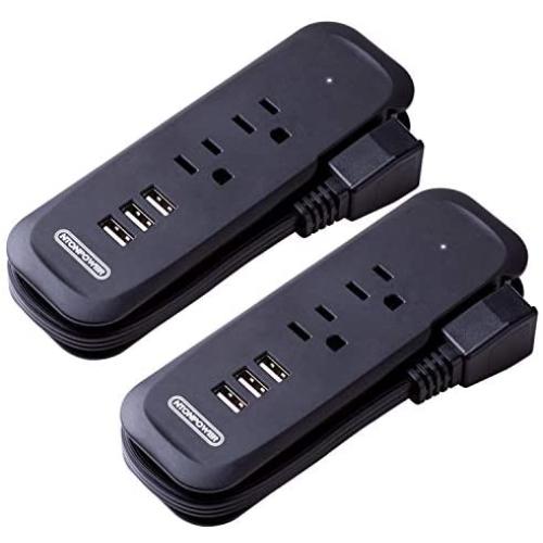 Power Strip with USB 2 Pack - NTONPOWER Travel Power Strip, 2 Outlets and 3 USB Portable Desktop Charging Station, 15 inches Wrapped Short Extension Cord, Compact for Cruise Ship, Nightstand and Hotel