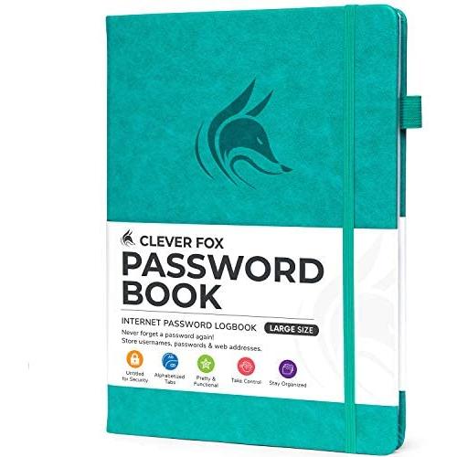 Clever Fox Password Book with tabs. Internet Address and Password Organizer Logbook with Alphabetical tabs. Large Size Password Keeper Journal Notebook for Computer & Website Logins (Aquamarine)
