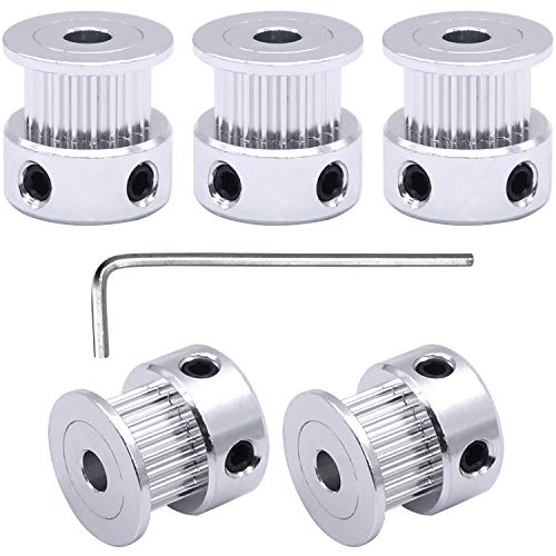 Taiss 5Pcs Silver 4mm(0.16″) Bore 20 Teeth GT2 Belt Pulley for 3D Printer 6mm Width 20T Timing Belt Aluminum Belt Pulley (Screw Wrench Included) F020-W-4