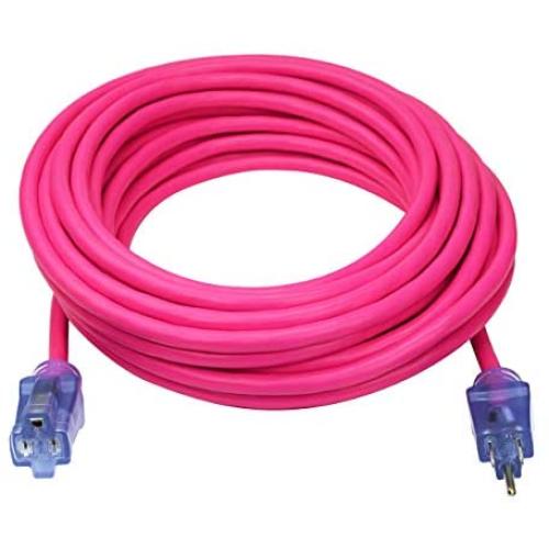 Clear Power 50 ft Heavy Duty Extreme Cold Weather Outdoor Extension Cord 12/3 SJTW -50°C, Lighted Connector, Water & Weather Resistant, Flame Retardant, Pink, 3 Prong Grounded Plug, CP10103
