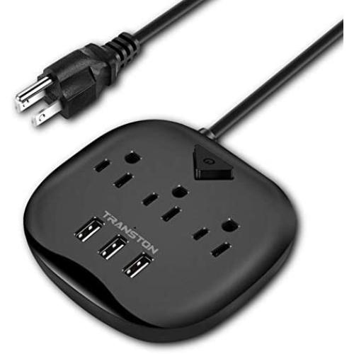Power Strip 3 Outlets and 3 USB Ports with Switch Control, Desktop Charging Station with 5 ft Extension Cord, Compact for Nightstand, Office and Travel - Black
