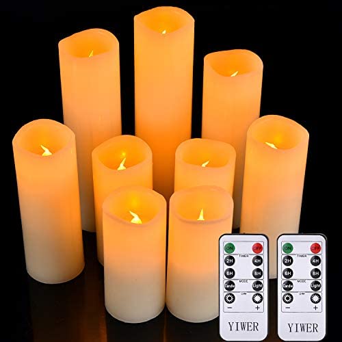 YIWER Flameless Candles Battery Operated Candles 5.5'' 6'' 6.5'' 7'' 8'' 9'' Set of 9 Ivory Real Wax Pillar LED Candles with 10-Key Remote and Cycling 24 Hours Timer