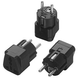 European Plug Adapter Schuko Type E/F for Germany, France, Europe, Russia,South Korea,Egypt, Iran, Indonesia,2-Pin Grounded Plug (Type E/F,3 Pack, Grounded)- Black Color