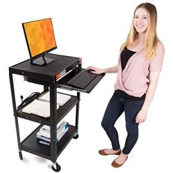 Line Leader AV Cart on Wheels | Height Adjustable Top Shelf & Pullout Keyboard Tray | Includes 15 ft Power Cord with Cord Management | Easy Assembly (42in x 24in x 18in / Black)