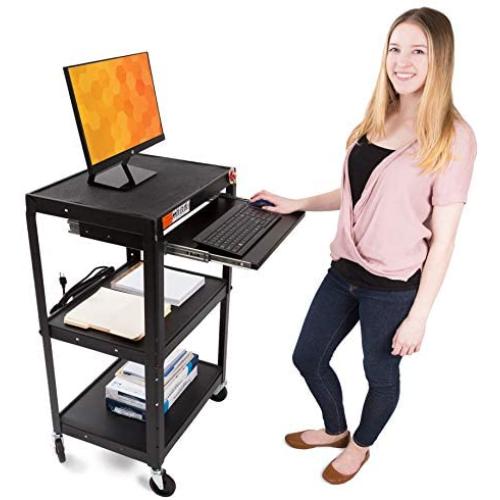 Line Leader AV Cart on Wheels | Height Adjustable Top Shelf & Pullout Keyboard Tray | Includes 15 ft Power Cord with Cord Management | Easy Assembly (42in x 24in x 18in / Black)