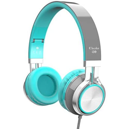 Elecder i39 Headphones with Microphone Foldable Lightweight Adjustable On Ear Headsets with 3.5mm Jack for Cellphones Computer MP3/4 Kindle School (Mint/Gray)