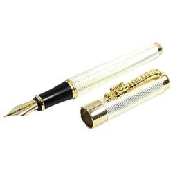Gullor Golden Dragon Red Crystal Eyes Fountain Pen with Push in Style Ink Converter - Silver