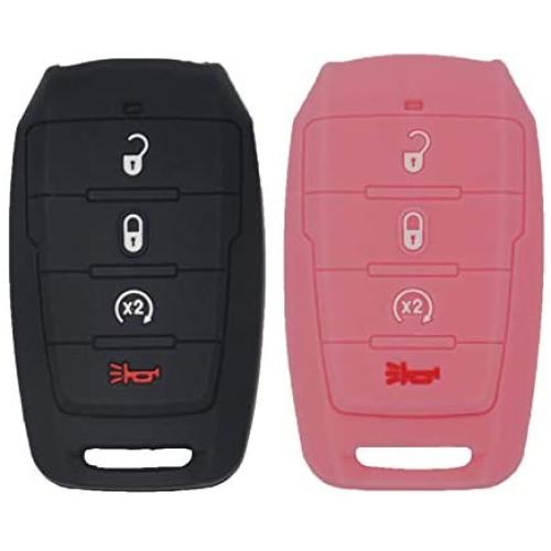 WEIBISS 2 Pack 4 Buttons Key Fob Cover Case Protector Shell Remote Jacket Keyless Entry Holder Bag Compatible with Dodge Ram 1500 2019 2020 OHT-4882056 68401332AA, Black Pink