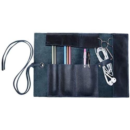 Hide & Drink, Rustic Leather Pencil Roll Pouch, Multi Purpose Organizer Wrap for Craft, Work, Study, Handmade Includes 101 Year Warranty - Slate Blue