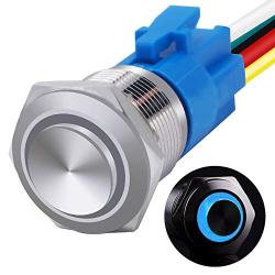 mxuteuk 16mm High Round Cap Latching Push Button Switch 1 NO 1 NC SPDT ON/Off Silver Stainless Steel Shell with 12v Blue LED Ring with Wire Socket Plug Suitable for 5/8'' Mounting Hole GL-16-O-T-BU