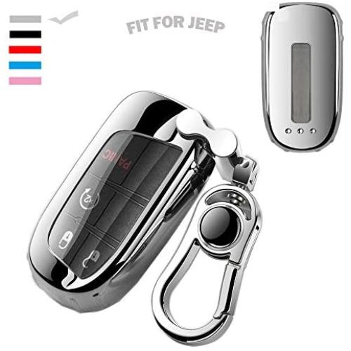 K LAKEY Key Fob Cover,Fit for Jeep Bottons Remote Key Grand Cherokee Renegade Compass Dodge Durango Journey Charger Challenger Key Fob,Smart Key Fob Soft TPU Case Shell with Alloy Keychain Silver