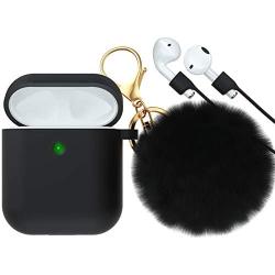CTYBB for Airpod Case,Silicone Airpods Case Cover with Fur Ball Keychain Compatible with Apple Airpods 2/1 (Front LED Visible) Black