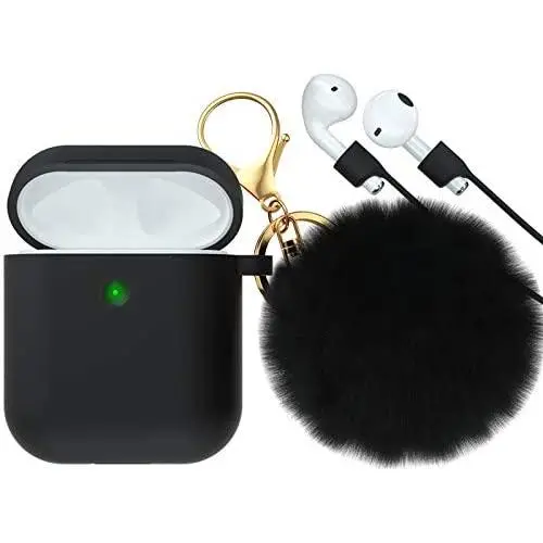 CTYBB for Airpod Case,Silicone Airpods Case Cover with Fur Ball Keychain Compatible with Apple Airpods 2/1 (Front LED Visible) Black