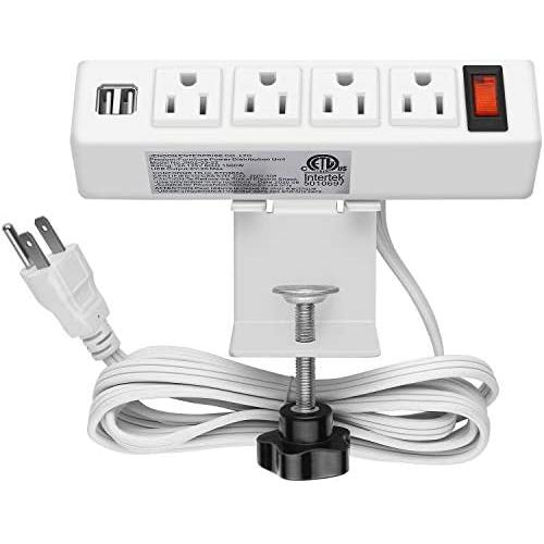 Desk Clamp Power Strip, Desktop Clamp Mount Power Outlet with 2 USB Ports, 4 AC Outlets, Mountable Desk Outlet Removable Power Plugs with 6.56ft Power Cord (4AC2USB-White)