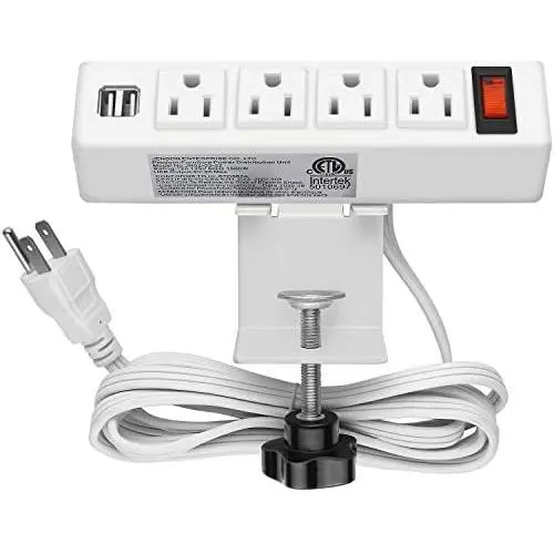 Desk Clamp Power Strip, Desktop Clamp Mount Power Outlet with 2 USB Ports, 4 AC Outlets, Mountable Desk Outlet Removable Power Plugs with 6.56ft Power Cord (4AC2USB-White)