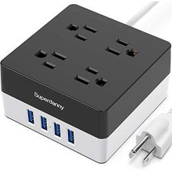 USB Power Strip Surge Protector - SUPERDANNY 5ft Desktop Extension Cord with 4 Widely Spaced Outlets & 4 Smart USB Ports, Portable Charging Station for Home, Office, Hotel, Dorm, RV, Black+White