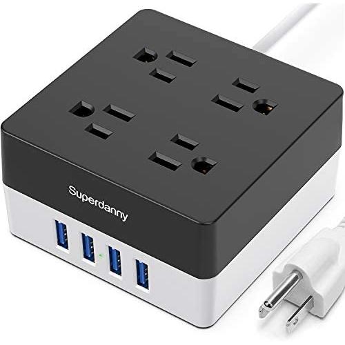 USB Power Strip Surge Protector - SUPERDANNY 5ft Desktop Extension Cord with 4 Widely Spaced Outlets & 4 Smart USB Ports, Portable Charging Station for Home, Office, Hotel, Dorm, RV, Black+White