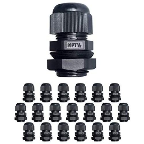 MGI SpeedWare Strain Relief NPT Nylon Cord Grip Cable Glands - 20 Pack (1/2'', Black)