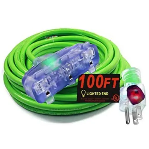 10 Gauge Triple Tap Extension Cord 100 ft with Lighted Ends 10/3 Contractor Grade 100 ft 10 Gauge Power Extension Cord 10/3 Plug Heavy Duty Indoor Outdoor Triple Outlet (100 ft 10 AWG Copper, Green)