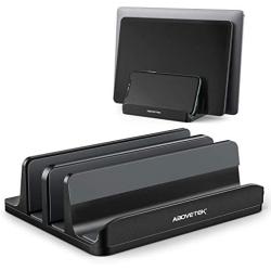 Vertical Laptop Stand - AboveTEK - 3 Slots for Computer, Tablet, Phone - Fits All Laptop Models （up to 17.3''） - Heavy Duty Polished Aluminum Desktop Holder - Anti Slide Silicone Grips - Black