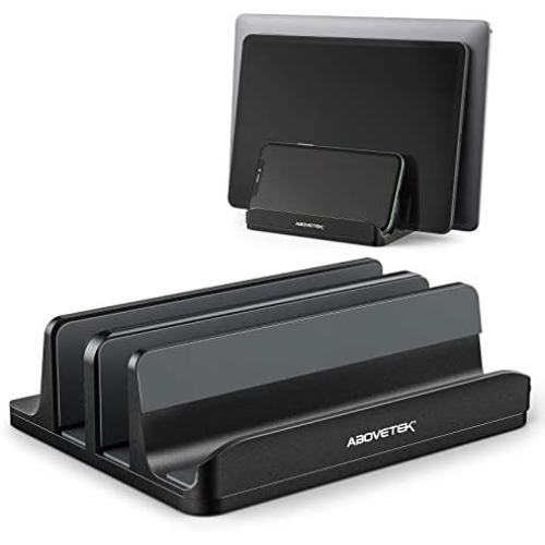 Vertical Laptop Stand - AboveTEK - 3 Slots for Computer, Tablet, Phone - Fits All Laptop Models （up to 17.3''） - Heavy Duty Polished Aluminum Desktop Holder - Anti Slide Silicone Grips - Black