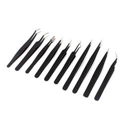 G.S 10pcs Stainless Steel Tweezer Set,Anti-Static ESD Tweezers with Non Magnetic Tips for Electronics Repair, Soldering, Crafting and Jewelry Best Quality