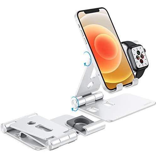 Foldable Apple Watch Stand - OMOTON Portable Aluminum 2 in 1 Charging Stand Holder Dock for Nightstand, Designed for Apple Watch, Compatible with All iPhone and Android Phones, Silver