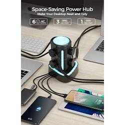 ESHLDTY RGB Power Strip Tower Surge Protector with 20W USB C Fast Charger, 3 USB Ports, 6 AC Outlets and 6ft Extension Cord Rhythm Light Waterproof Charging Station for Game Party Desk Tablet Laptops