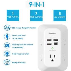 USB Wall Charger, Surge Protector, 5 Outlet Extender with 4 USB Charging Ports ( 1 USB C Outlet, 4.5A Total) 3-Sided 1800J Power Strip Multi Plug Outlets Wall Adapter Spaced for Home Travel Office