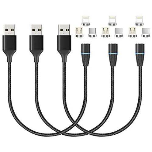 NetDot 12th Generation 3 in 1 Magnetic Fast Charging Cable Data Line Nylon Braided Compatible with Micro USB Type-C Android Smartphones and i-Products(1ft / 3 Pack Black)
