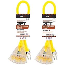 2 Pack of 2 Foot Lighted Outdoor Extension Cord with 3 Electrical Power Outlets - 12/3 SJTW Heavy Duty Yellow Extension Cable with 3 Prong Grounded Plug for Safety