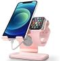 Apple Watch Stand, Apple Watch Charging Stand Station Dock, ZVEdeng 2 in 1 Universal Stand Holder for iPhone 12 Pro Max/12/12Pro/12 Mini Apple Watch Both 38mm-42mm (Rose Gold-Leather)