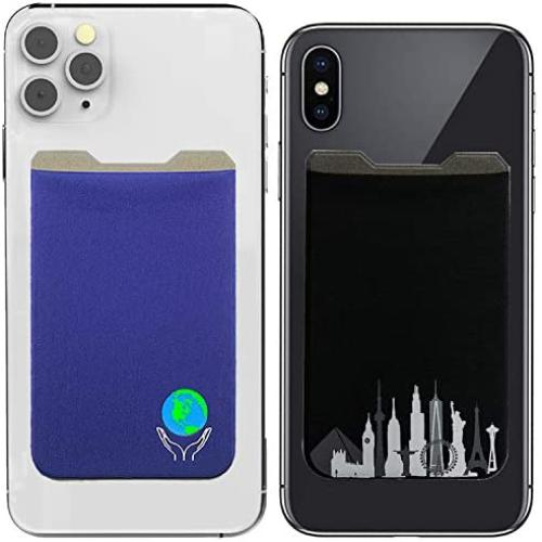 Phone Wallet - Adhesive Card Holder - Cell Phone Pouch - Stick on Lycra Pocket by Gecko - Carry Credit Cards and Cash (1xEARTH-1xCITY)