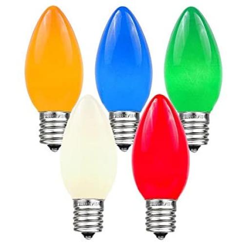 Novelty Lights 25 Pack C9 Ceramic Outdoor String Light Christmas Replacement Bulbs, Multi, E17/C9 Base, 7 Watt