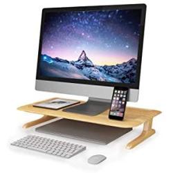 FurniArt Height Adjustable Wooden Desk Monitor Stand Riser with Storage for MacBook,iMac,Chromebook,Office Computer Solid Wood (Matte Finish)