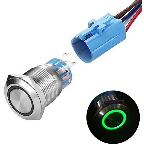 Quentacy Momentary Push Button Switch 1NO1NC Waterproof Silver Stainless Steel Shell 12V LED Ring Switch with Wire Socket Plug Suitable for 19mm 3/4 Mounting Hole (Green)