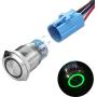 Quentacy Momentary Push Button Switch 1NO1NC Waterproof Silver Stainless Steel Shell 12V LED Ring Switch with Wire Socket Plug Suitable for 19mm 3/4 Mounting Hole (Green)