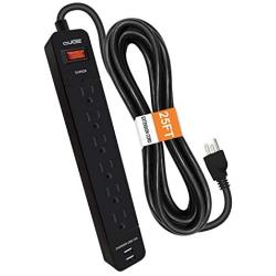 Digital Energy 6-Outlet + 2 USB 1050 Joule Surge Protector Power Strip with 25-Ft Long Extension Cord, Black, UL Listed