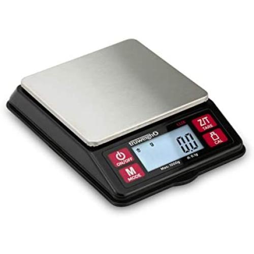 Truweigh LUX Digital Mini Scale (1000g x 0.1g, Black/Red) - Digital Kitchen Scale - Digital Travel Scale - Portable Food Scale - Meal Prep Weight Scale - Digital Gram Scale - Coffee Scale